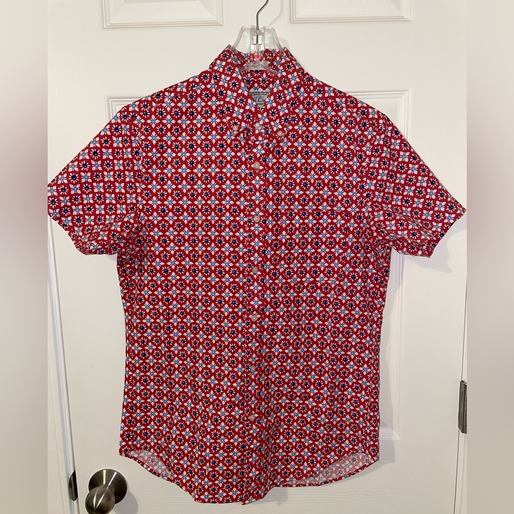 J. Crew Red and White Casual Button Down Shirt with Geometric Pattern